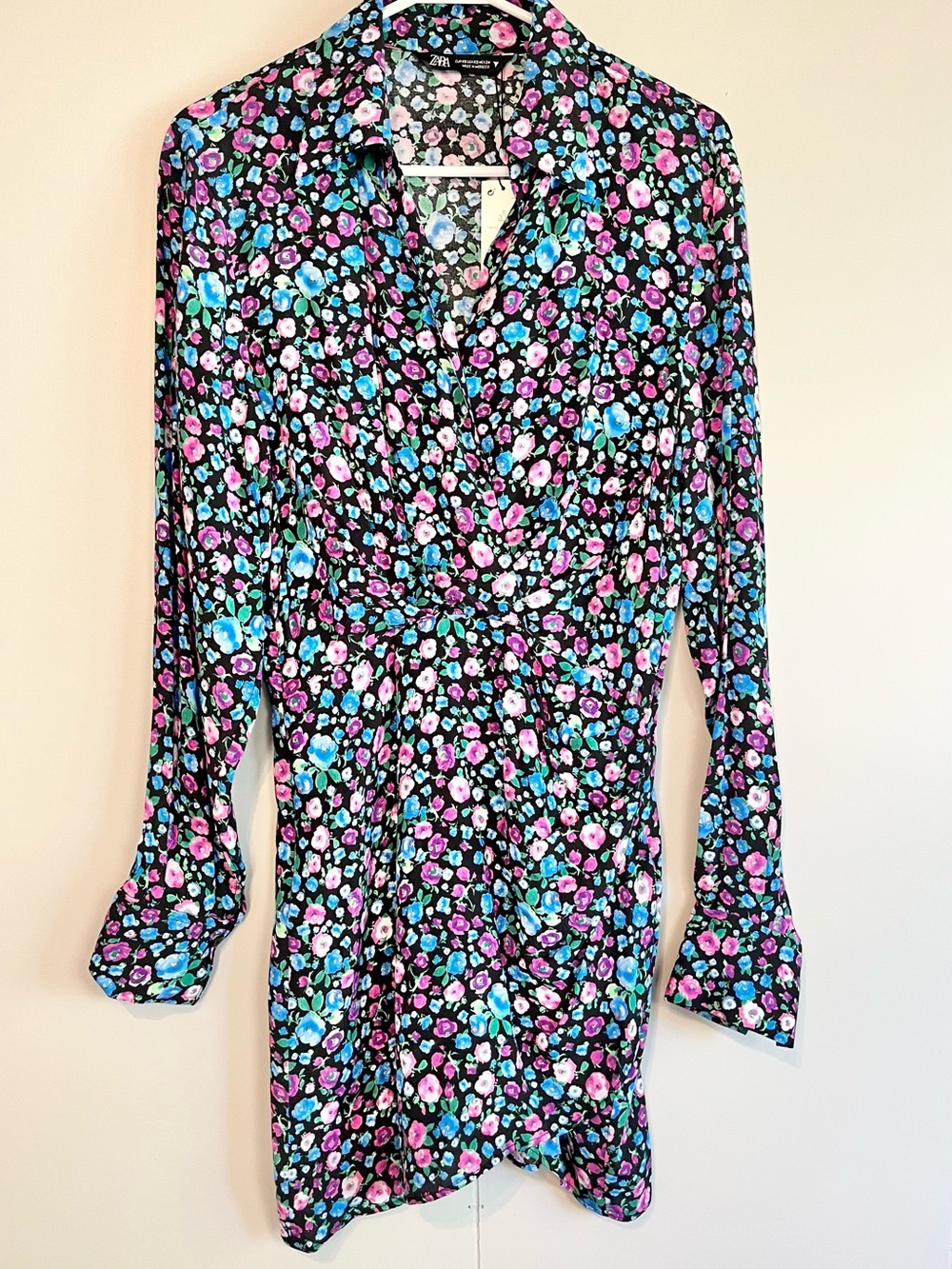 Zara Floral Mini Shirt Dress Black Pink Blue Long Sleeve Wrap Style Size XS